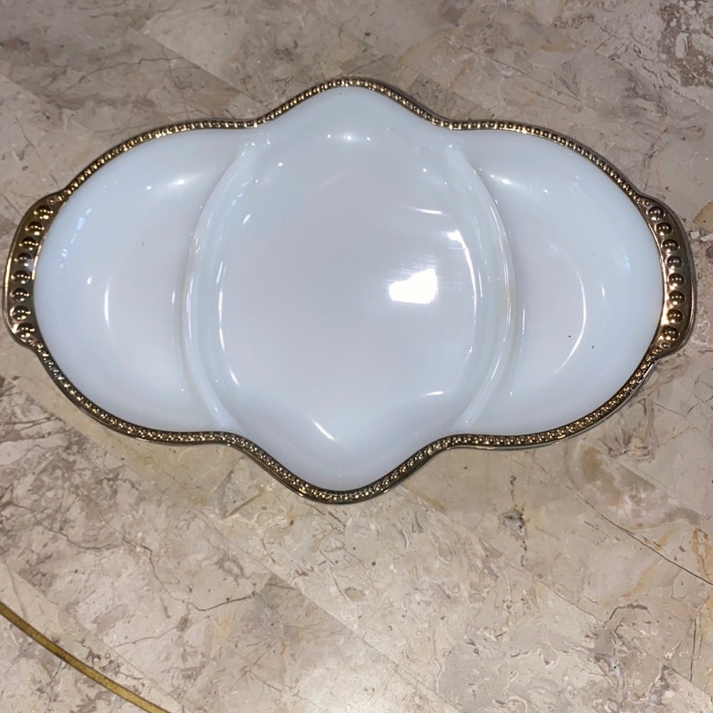 Vintage Anchor Hocking Fire King Milk Glass with Gold Trim Divided Relish Tray